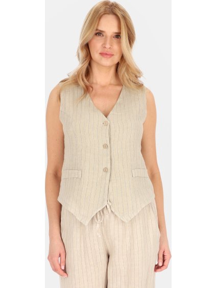 Béžová dámska elegantná ľanová vesta s pruhmi