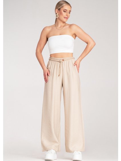 Béžové dámske viskózové boho nohavice s elastickým pásom