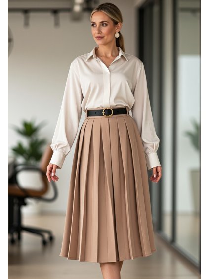 Béžová dámska elegantná skladaná midi sukňa