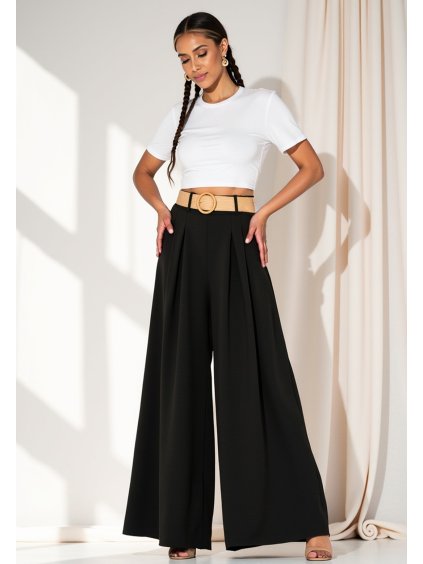 Čierne dámske elegantné široké nohavice s vysokým pásom