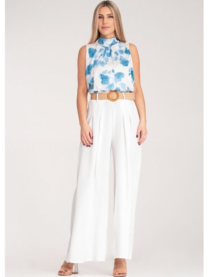 Biele dámske elegantné široké nohavice s vysokým pásom