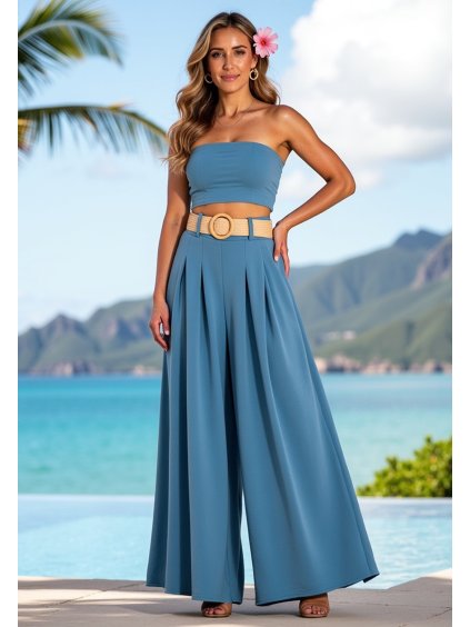 Modré dámske elegantné široké nohavice s vysokým pásom