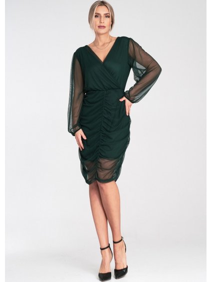 Tmavozelené dámske krátke sieťované šaty s riasením