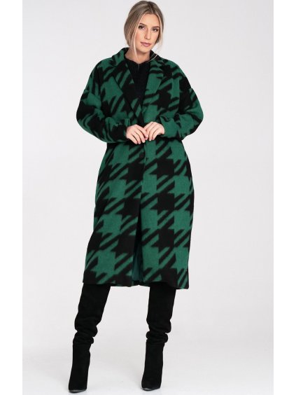Zeleno-čierny dámsky dlhý vzorovaný kabát