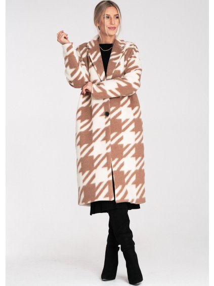 Béžovo-biely dámsky dlhý vzorovaný kabát