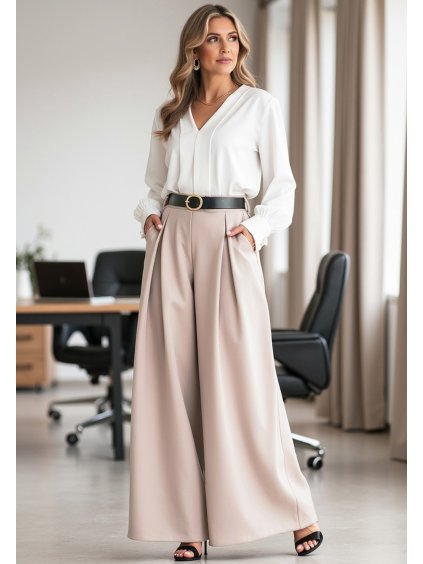 Béžové dámske elegantné široké nohavice s opaskom