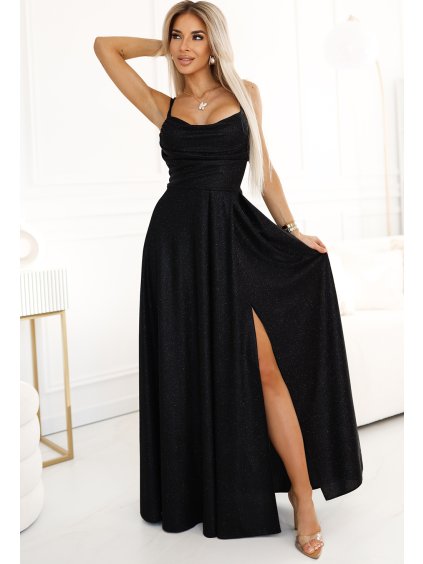 Dlhé čierne šaty s jemným leskom a korzetovým šnurovaním