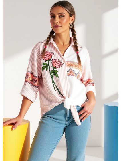 Béžovo-biela dámska košeľa s asymetrickým vzorom