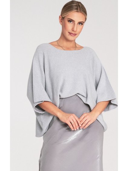Sivý dámsky oversize sveter so širokými rukávmi
