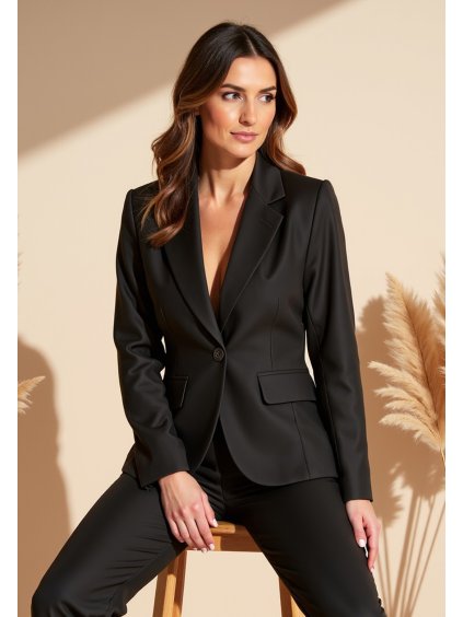 Dámsky čierny elegantný komplet so sakom a nohavicami