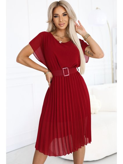 Plisované vínové midi šaty so širokým pásikom JULIA