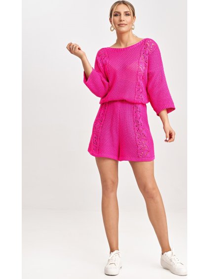 Tmavoružová dámska pletená súprava blúzky s 3/4 rukávom a kraťasov