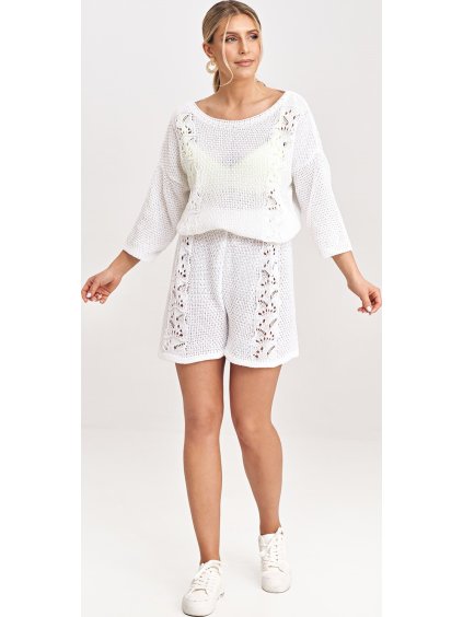 Smotanová dámska pletená súprava blúzky s 3/4 rukávom a kraťasov