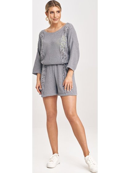 Tmavosivá dámska pletená súprava blúzky s 3/4 rukávom a kraťasov