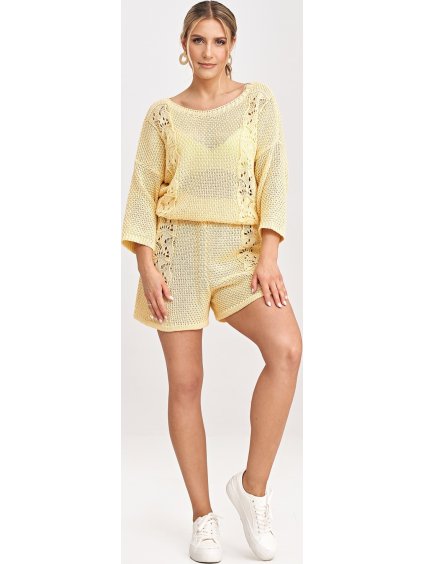Svetložltá dámska pletená súprava blúzky s 3/4 rukávom a kraťasov