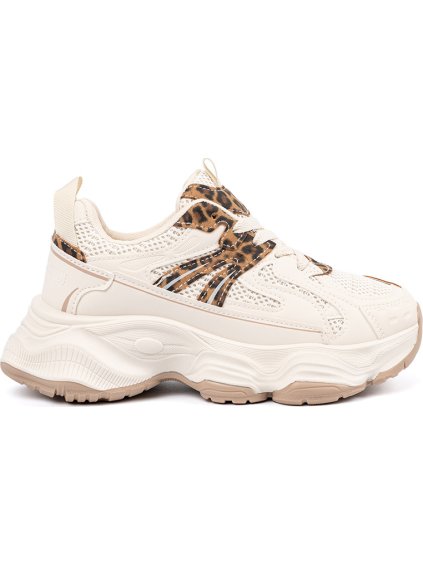 Smotanové dámske sneakersy na hrubej podrážke s leopardími detailmi