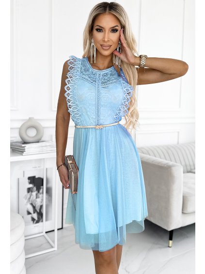 Svetlomodré šaty s čipkou a zlatým pásikom NATALIA