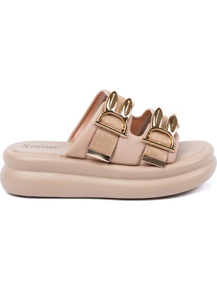 Béžové dámske nazuváky so zlatými prackami na platforme