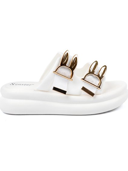 Biele dámske nazuváky so zlatými prackami na platforme