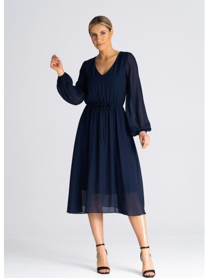 Tmavomodré midi šaty so šifónovými rukávmi