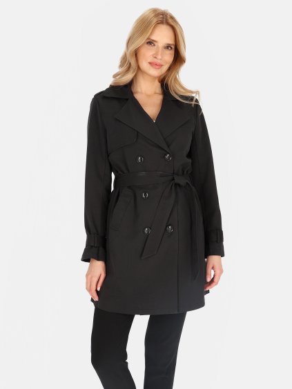 Čierny dámsky dvojradový kabát s opaskom