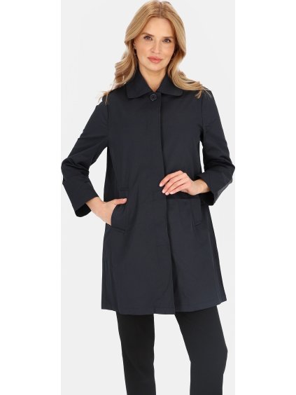 Tmavomodrý dámsky jednoradový kabát s golierom