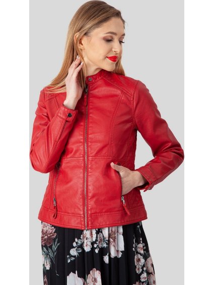 Červená dámska koženková bunda s vreckami