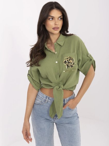 Khaki dámska mušelínová krátka košeľa s viazaním