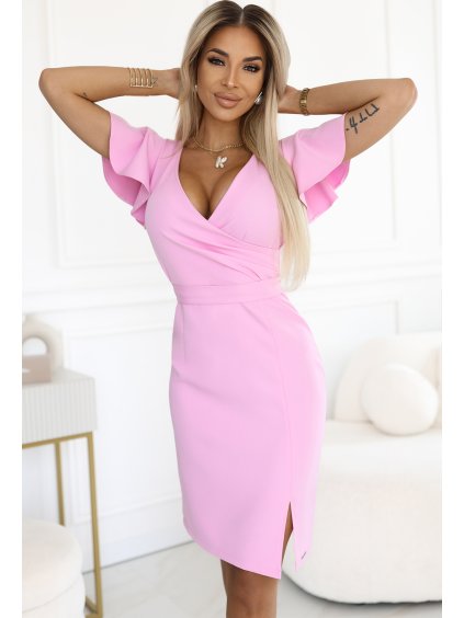 Ružové šaty s výstrihom a pásikom STEPHANIE