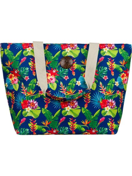 Modrá plážová taška s potlačou listov a kvetov