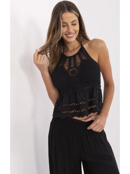 Čierny dámsky prelamovaný boho crop top