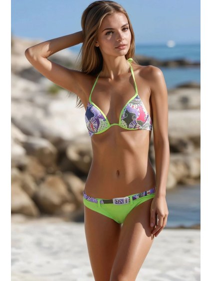 Neónovo zelené vzorované bikiny s opaskom Fibi