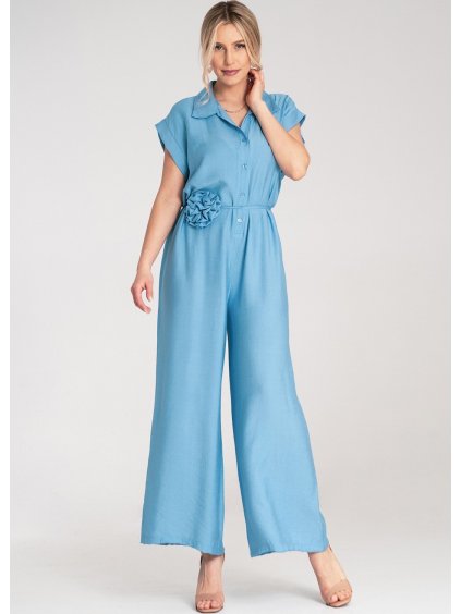 Svetlomodrý dámsky viskózový overal s tenkým pásikom s kvetinou