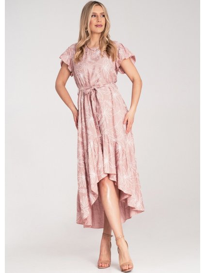 Ružové dámske asymetrické kvetované šaty s volánom