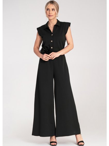 Čierny dámsky viskózový overal s pásikom s ozdobným kvetom