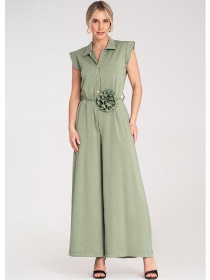 Svetlozelený dámsky viskózový overal s pásikom s ozdobným kvetom