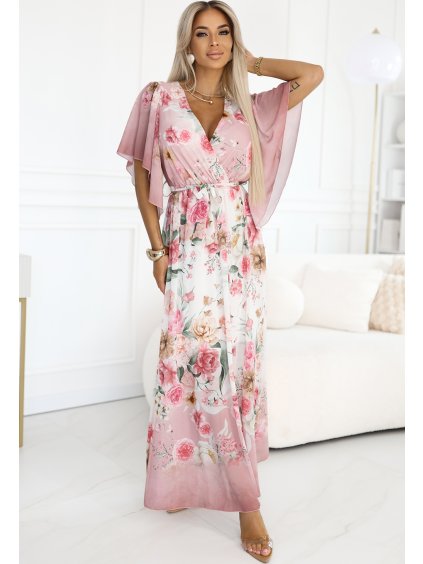 Ružovo-biele vzdušné maxi šaty s výstrihom do V a kvetinovým vzorom