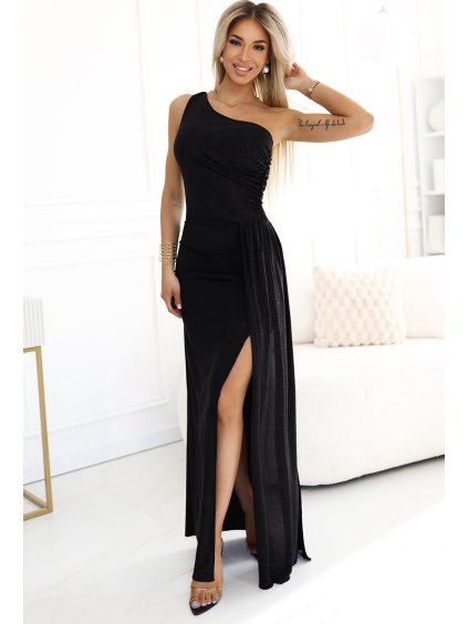 Čierne dlhé trblietavé šaty s rozparkom SELENA