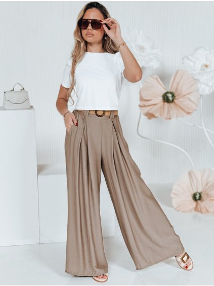 Svetlohnedé široké dámske nohavice z viskózy s elegantným pásikom MIRELOU