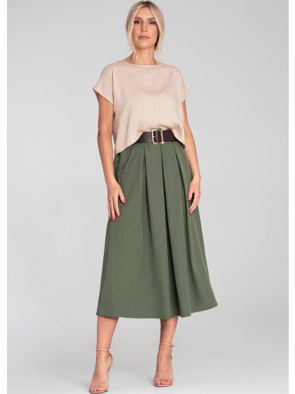Olivovo zelená dámska skladaná midi sukňa s vysokým pásom