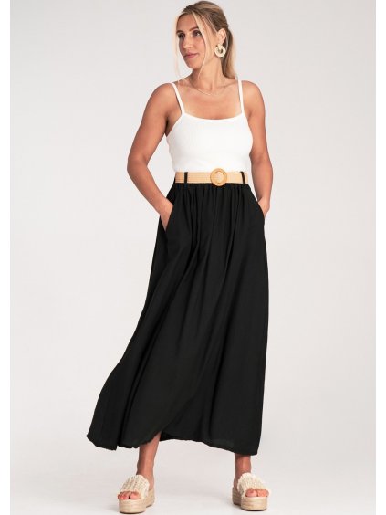 Čierna dámska viskózová sukňa s opaskom s guľatou sponou