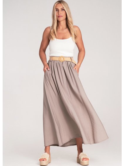 Béžová dámska viskózová sukňa s opaskom s guľatou sponou