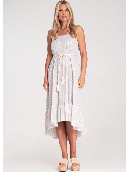Dámske svetlobéžové bavlnené šaty s prúžkami a strapcami
