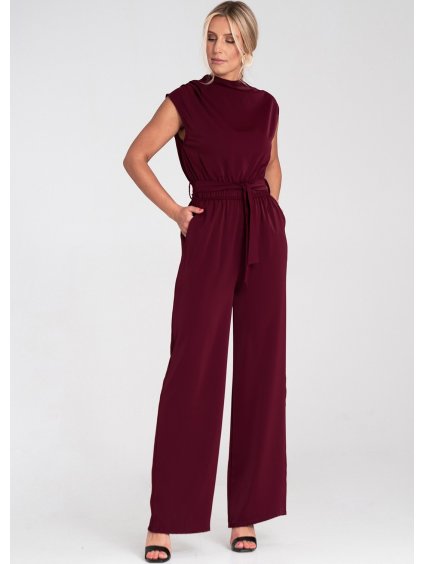 Vínový dámsky elegantný overal so zapínaním na chrbte