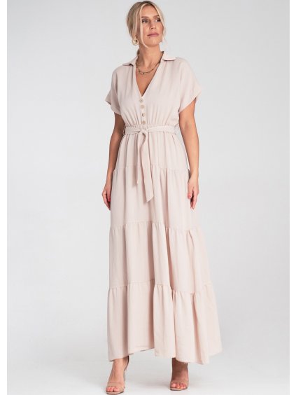 Béžové dámske viskózové maxi šaty s golierom