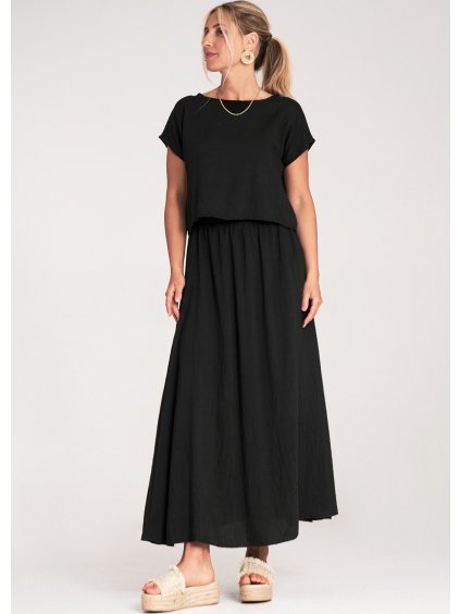 Čierna dámska viskózová súprava voľnej blúzky a sukne s elastickým pásom