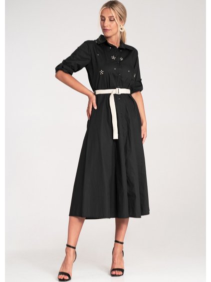Čierne košeľové midi šaty s kamienkovými ozdobami