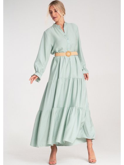 Mintové viskózové maxi šaty so stojačikom
