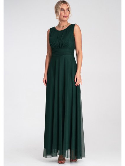 Tmavozelené tylové maxi šaty so zaväzovaním v páse