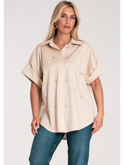 Béžová dámska oversize košeľa s krátkym rukávom